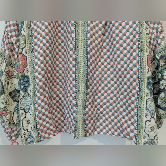 D'ascoli Pink Green Geometric Floral Printed 100% Silk Balloon Sleeve Top Artsy - Picture 5 of 11